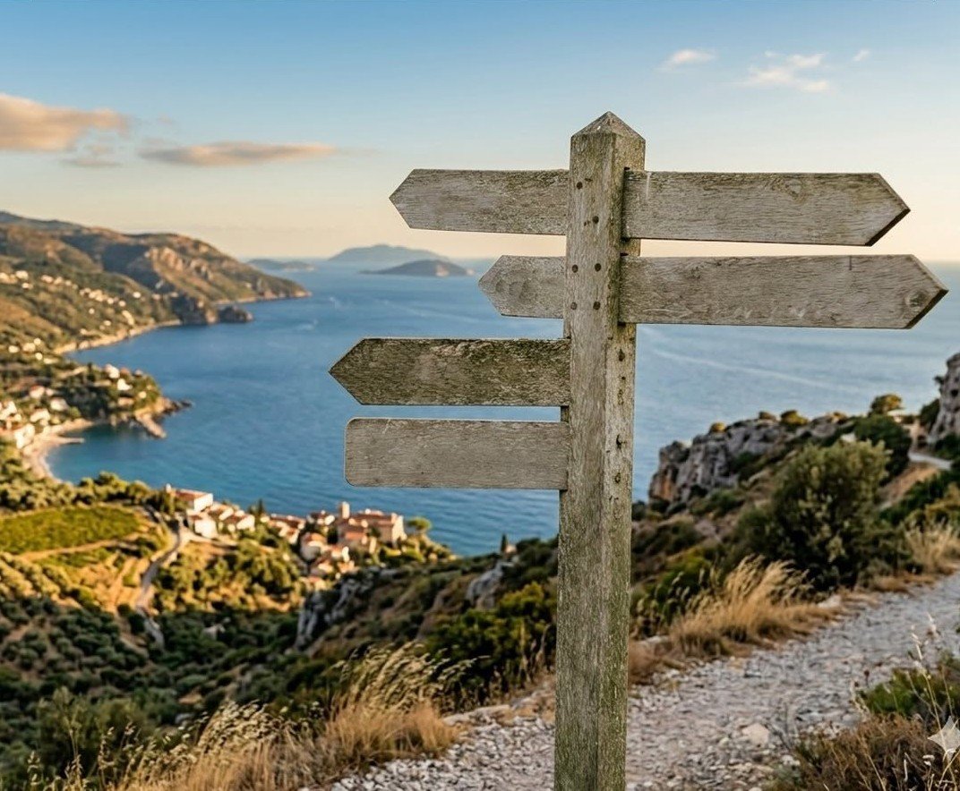 Houten wegwijzer bij de zee aan de Costa Blanca; kies vanaf de eerste stap voor een Nederlandse aankoopmakelaar.